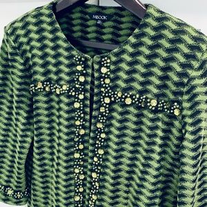 Misook Sweater Jacket Green & Black Geometrical Pattern w/Rhinestone Trim PXL